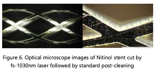 Optical microscope images of Nitinol stent cut by fs-1030nm laser followed by standard post-cleaning