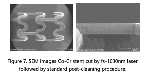 SEM images Co-Cr stent cut by fs-1030nm laser followed by standard post-cleaning procedure