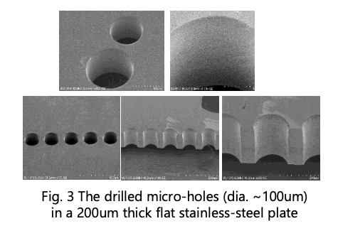 The drilled micro-holes in a 200um thick flat stainless steel plate