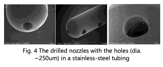 The drilled nozzles with the holes in a stainless-steel tubing