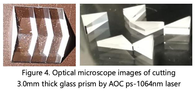 Optical microscope images of cutting 3.0mm thick glass prism by AOC ps-1064nm laser